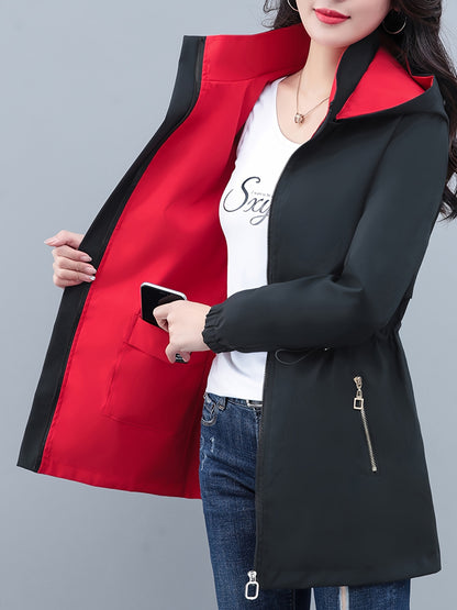 Color Block Zip-up Hoodie Windbreaker Jacket, Casual Long Sleeve Slant Pockets Drawstring Jacket For Spring & Fall, Women's Clothing MyFave Boutique