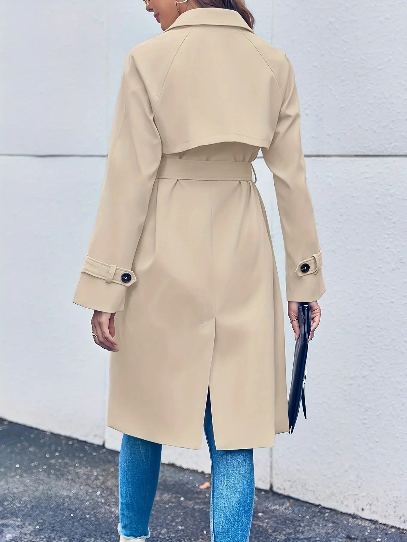 Double Breasted Trench Coat with Lapel Neck and Split Side Pockets - Women's Casual Long Sleeve Long Length Coat MyFave Boutique