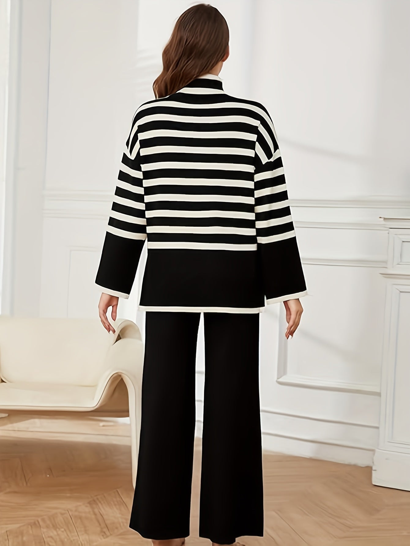 Women's Sweater Sets Long Sleeve Striped Jumper Tops Casual Knit Wide Leg Pants Sets MyFave Boutique