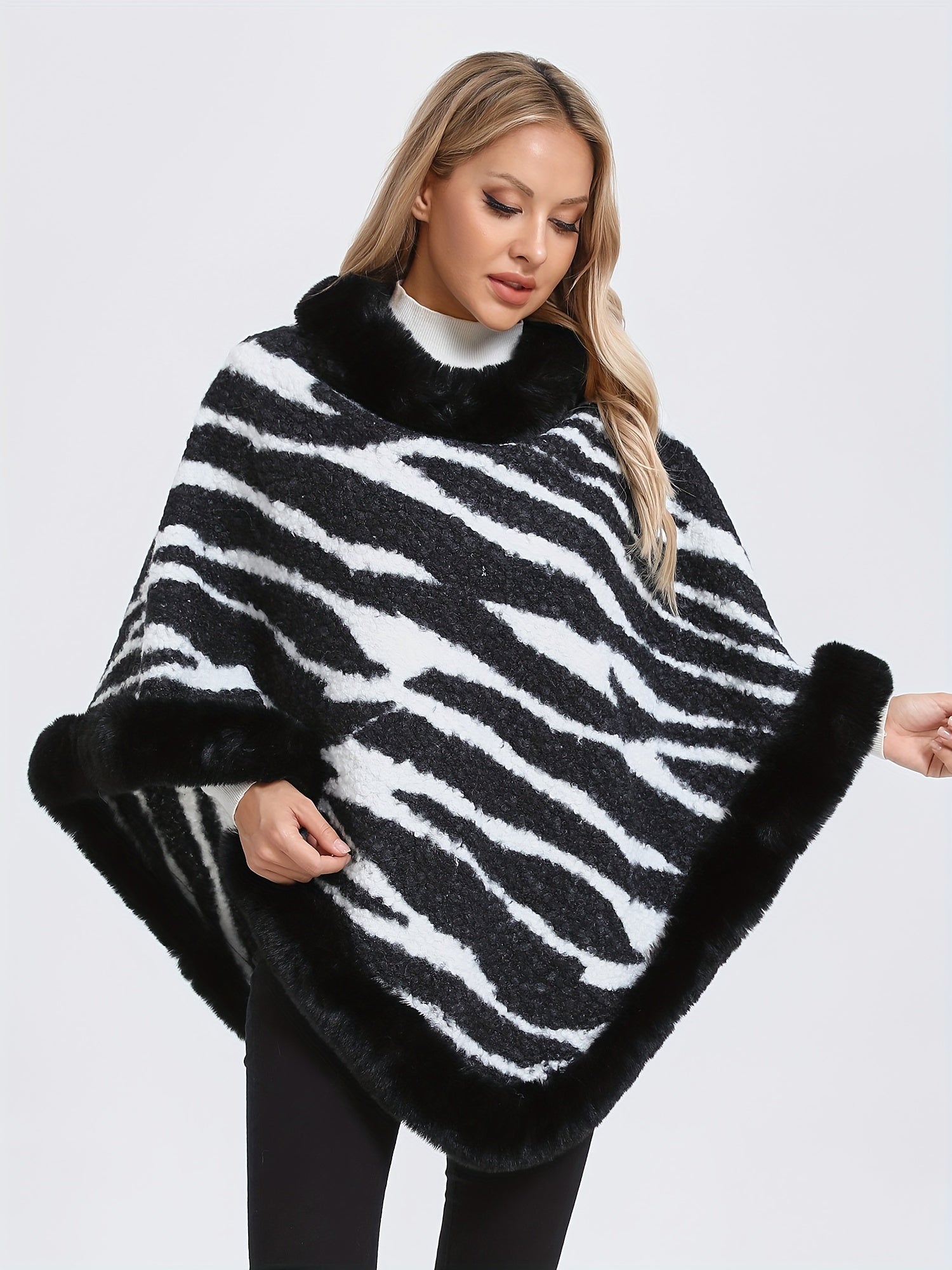 Zebra Stripe Pattern Fuzzy Trim Poncho, Elegant Thermal Hanky Hem Crew Neck Cape For Fall & Winter, Women's Clothing MyFave Boutique