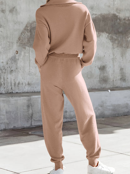 Elegant Solid Color Sporty Pantsuits, Half Zip Kangaroo Pocket Sweatshirt & Drawstring Jogger Pants Outfits, Women's Clothing MyFave Boutique