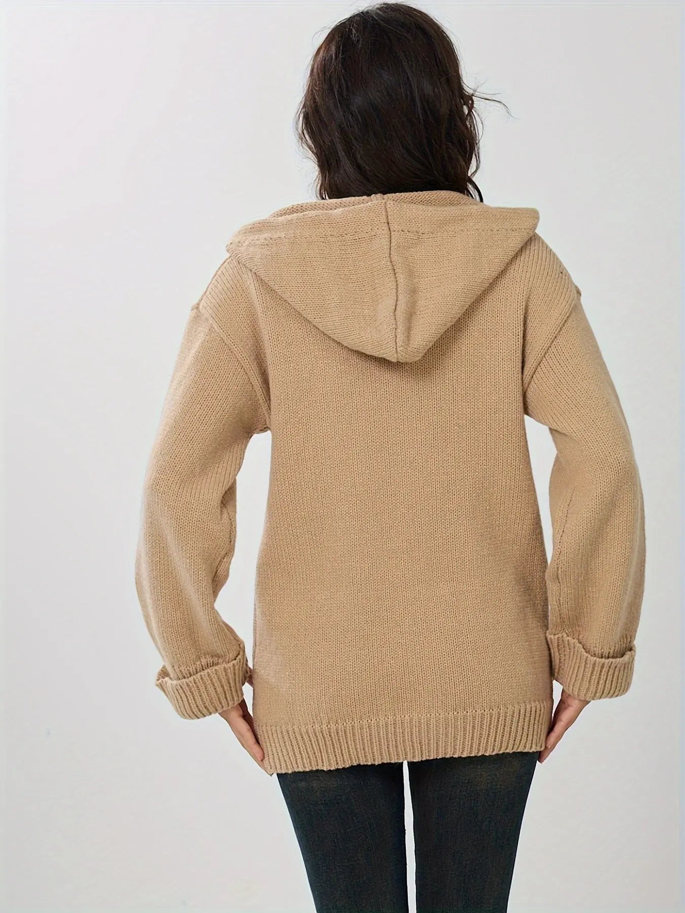 [Elegant Directional Plus Size Medium Long Hooded Knitted Sweater Cardigan Autumn And Winter Casual Loose Women's Solid Color Sweater Jacket Top] MyFave Boutique