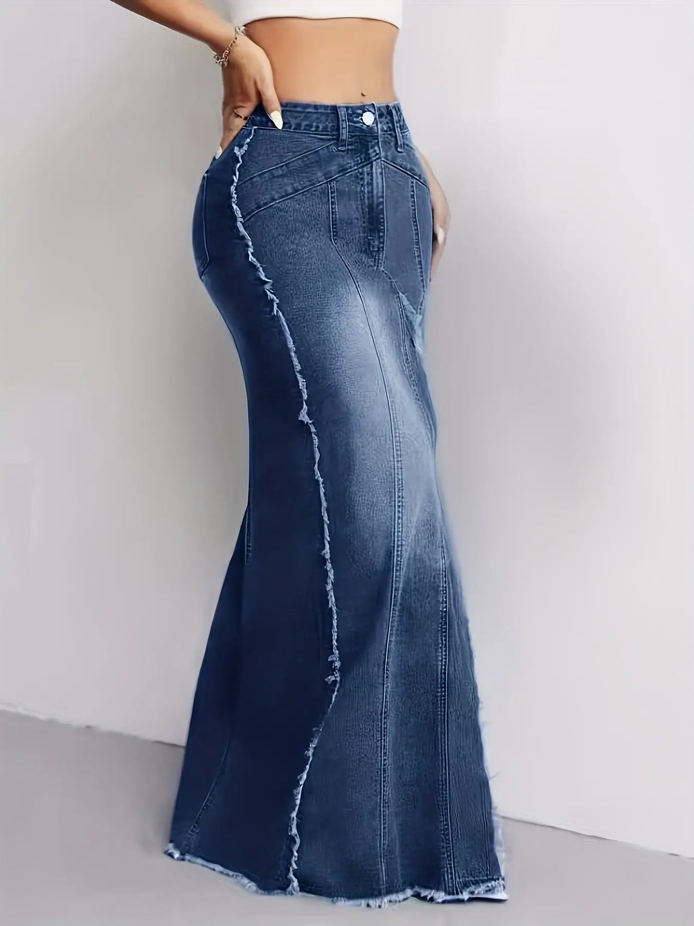 Raw Hem High Rise Plain Washed Blue Distressed Maxi Denim Skirt, Women's Denim Jeans & Clothing MyFave Boutique