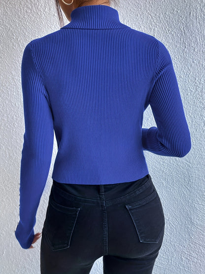 Beaded Hollow Out Slim Sweater, Elegant Turtle Neck Long Sleeve Sweater For Spring & Fall, Women's Clothing MyFave Boutique