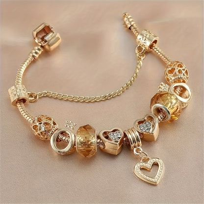 Golden Charm Bracelet, Heart Pendants Beaded Snake Chain Crystal Design Versatile Jewelry Gift For Women MyFave Boutique