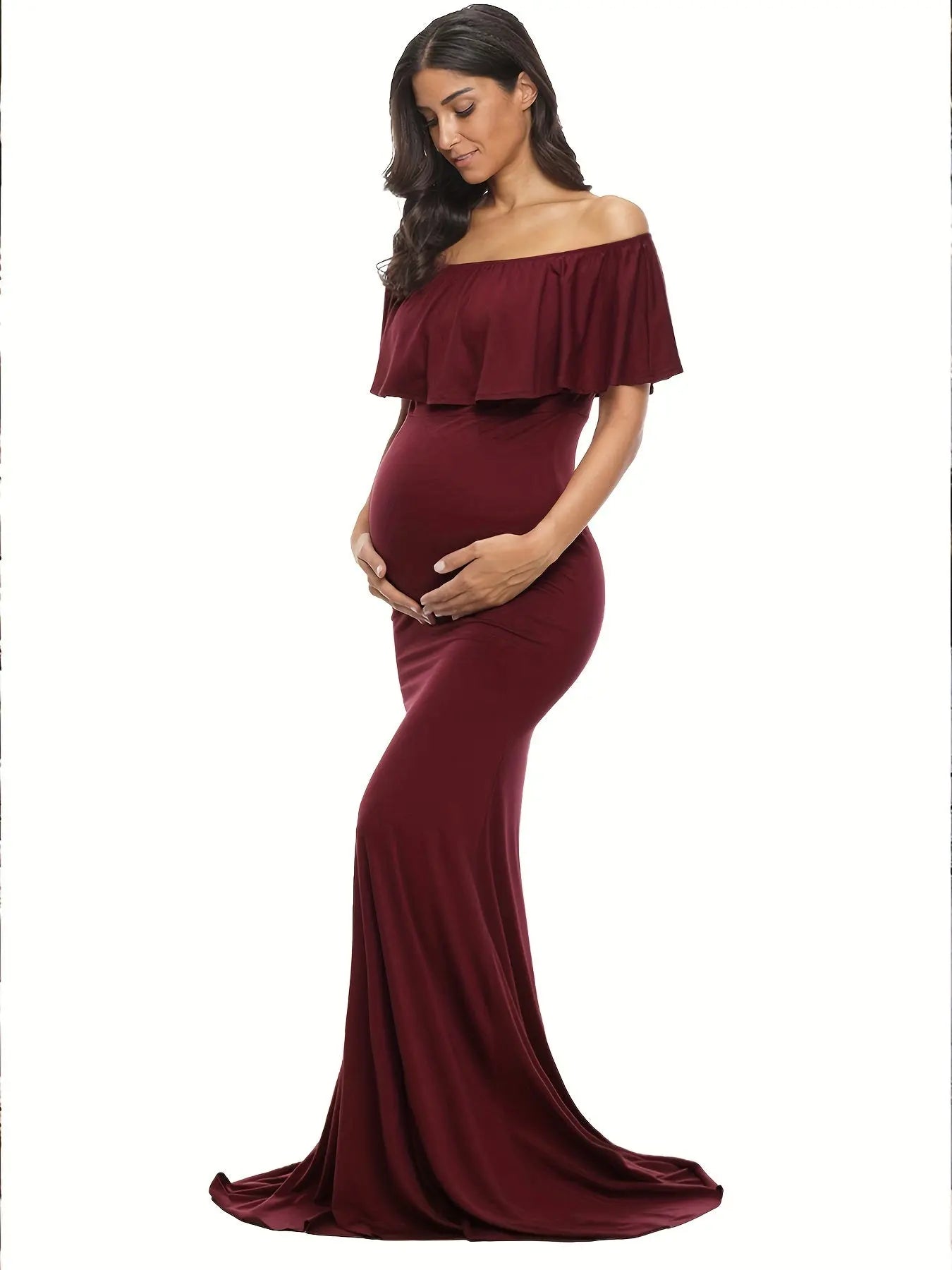 Womens Off Shoulder Maternity Dress Ruffles Elegant Slim Gowns Fit Maxi Photography Dress MyFave Boutique