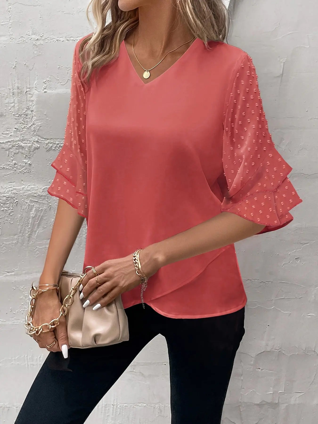 Swiss Dot Ruffle Hem Blouse, Elegant Delicate Layered Half Sleeve Asymmetrical V-Neck Blouse For Spring And Summer, Women's Clothing MyFave Boutique