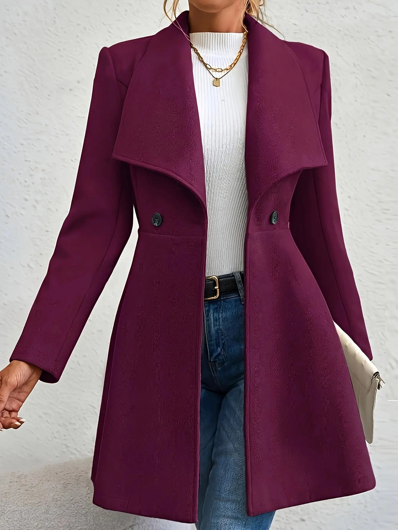 Double-breasted A-line Lapel Coat, Elegant Solid Long Sleeve Longline Coat For Fall & Winter, Women's Clothing MyFave Boutique