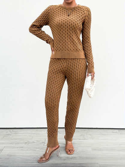 Textured Solid Two-piece Set, Crew Neck Long Sleeve Tops & Long Length Pants Outfits, Women's Clothing MyFave Boutique