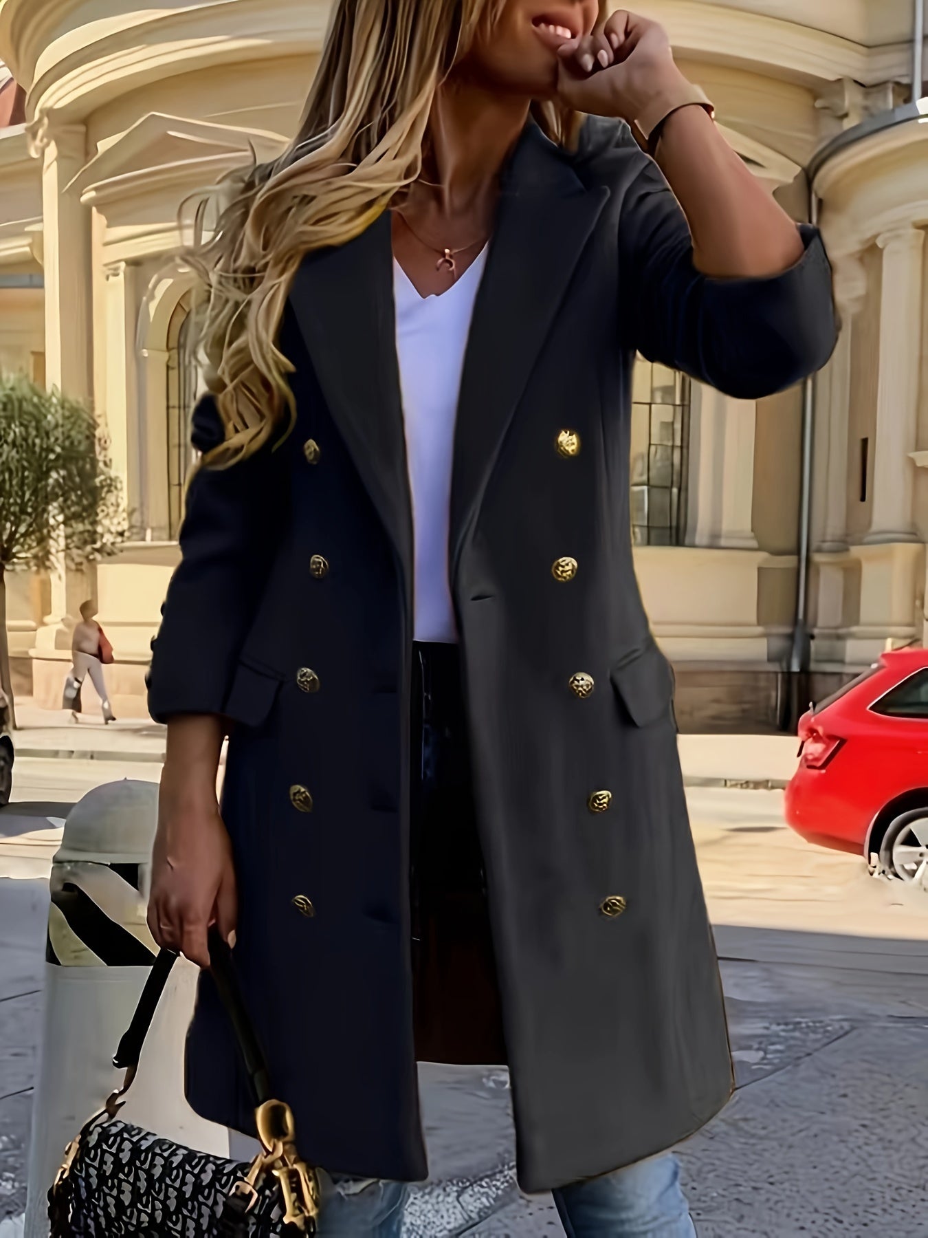 Women's Elegant Double-Breasted Notched Collar Coat for Fall & Winter - Stylish Long Sleeve Outerwear for Warmth and Fashionable Look MyFave Boutique