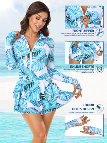 Waves Random Print Rash Guard for Women, Long Sleeve Women One Piece Swimsuits with Front Zipper Surfing Bathing Swimwear MyFave Boutique