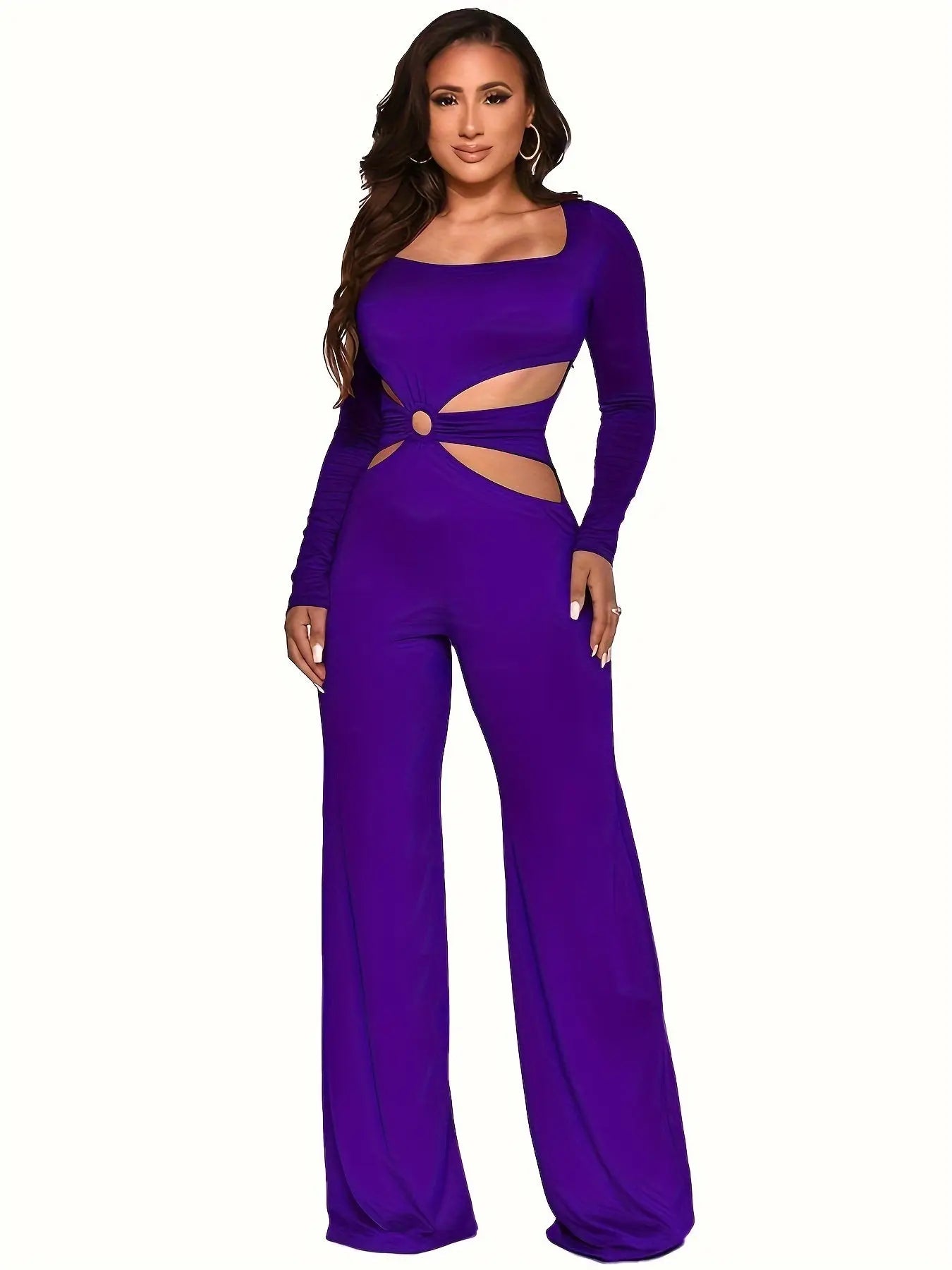 Cut Out Square Neck Wide Leg Jumpsuit, Elegant Long Sleeve Slim Jumpsuit For Party & Club, Women's Clothing MyFave Boutique