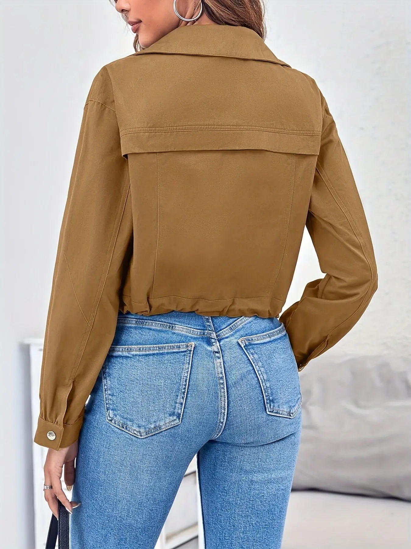 Zip Up Drawstring Crop Jacket, Casual Lapel Neck Long Sleeve Jacket For Spring & Fall, Women's Clothing MyFave Boutique