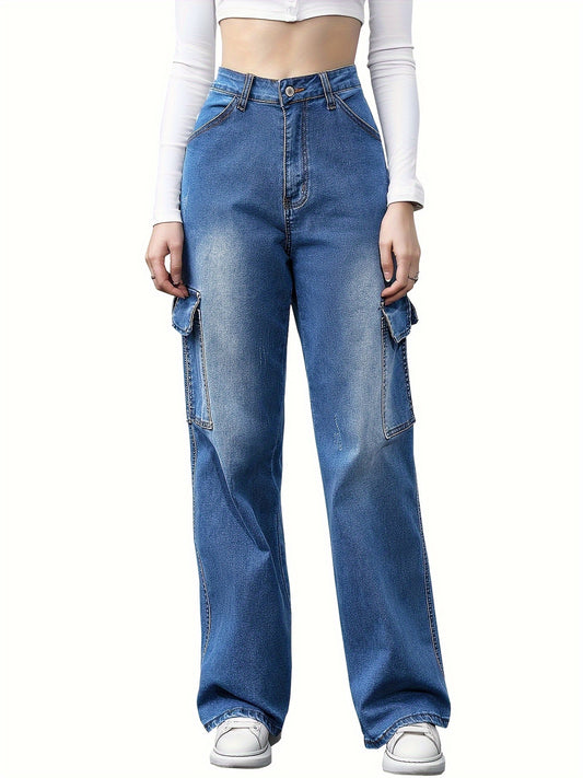 Plain Washed Casual Style Zipper Button Closure Denim Pants, Women's Denim Jeans & Clothing MyFave Boutique