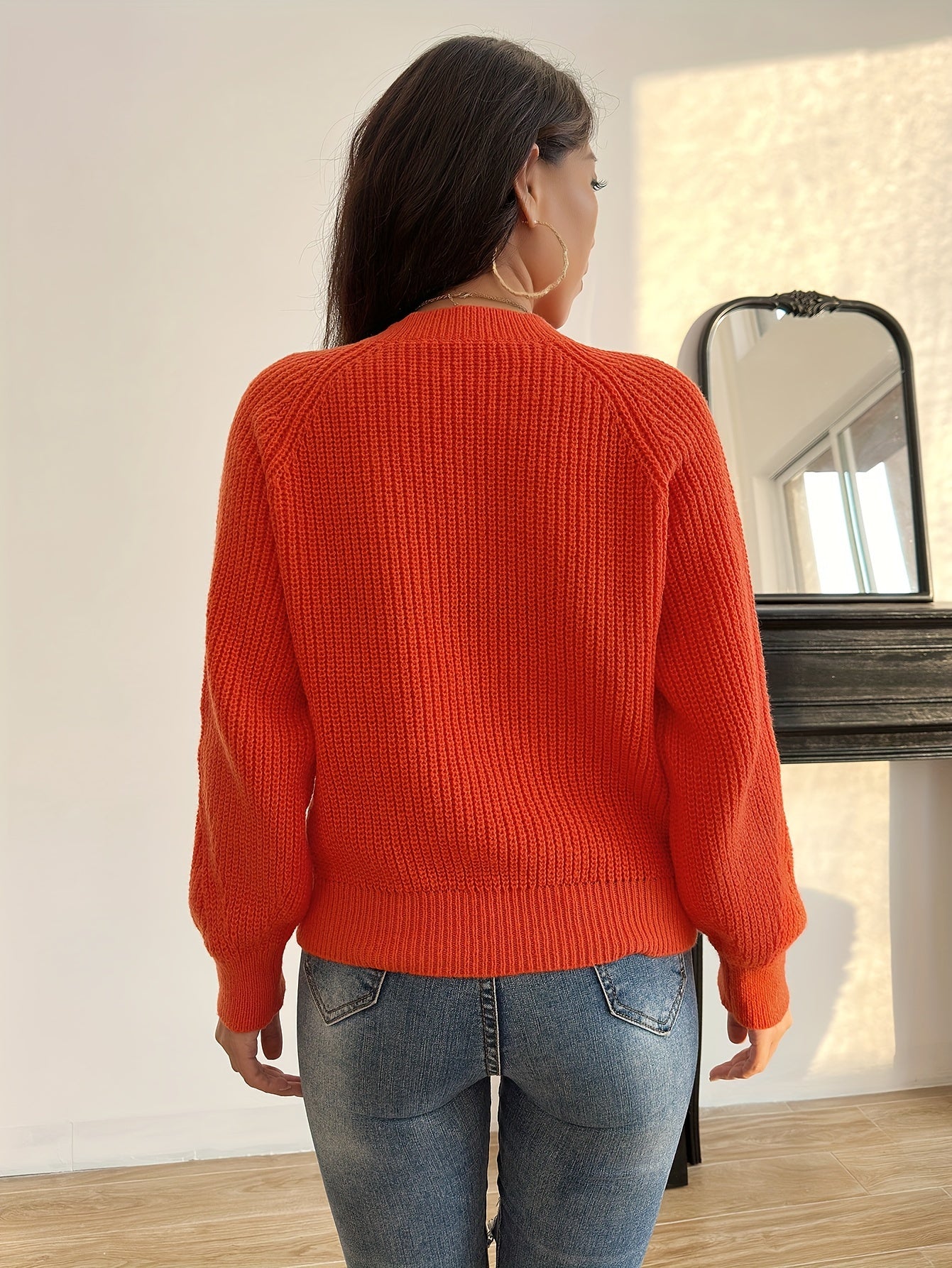 Buttons Decor Knitted Pullover Sweater, Casual Solid Long Sleeve Sweater For Fall & Winter, Women's Clothing MyFave Boutique