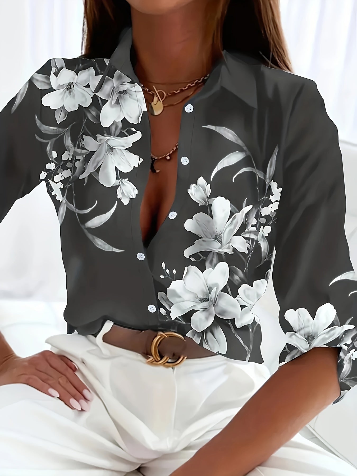 Women's Stylish Floral Long-Sleeved Shirt Blouse MyFave Boutique