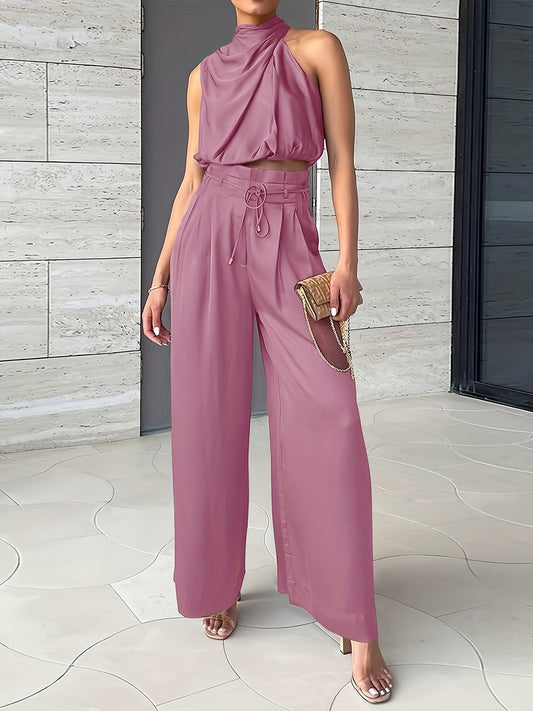 Womens 2024 Summer Sleeveless Mock Neck Crop Tops Wide Leg Pants Set MyFave Boutique