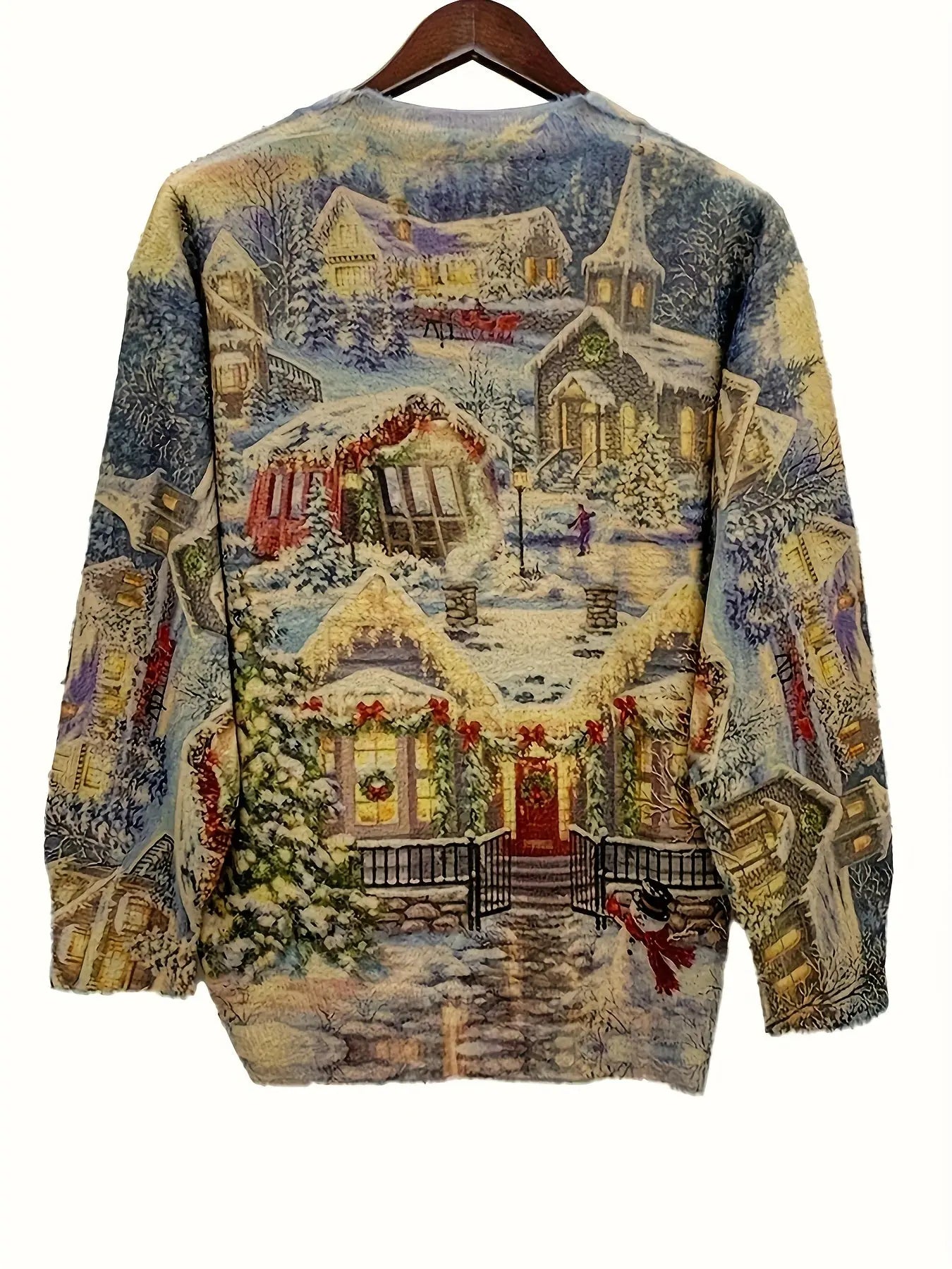 Elegant Crew Neck Christmas Sweater - Winter Scene Print Long Sleeve Pullover - Polyester Acrylic Nylon Blend Knitted Fabric - Cozy Fall/Winter Festive Top MyFave Boutique