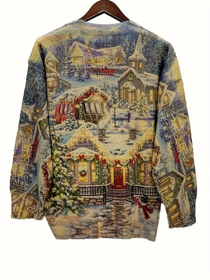 Elegant Crew Neck Christmas Sweater - Winter Scene Print Long Sleeve Pullover - Polyester Acrylic Nylon Blend Knitted Fabric - Cozy Fall/Winter Festive Top MyFave Boutique