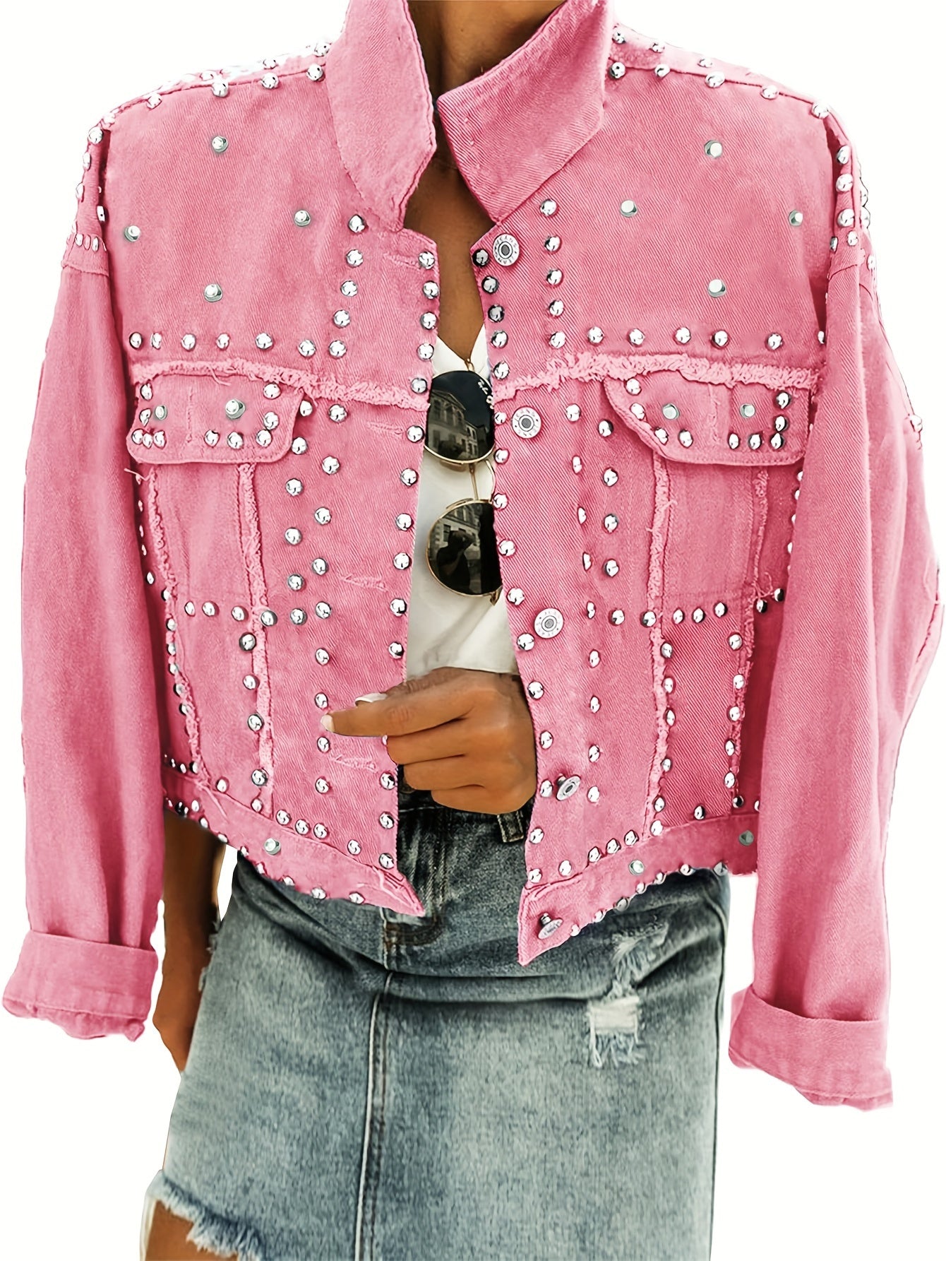 Women's Long Sleeve Rivet Studded Denim Jacket Casual Solid Color Raw Detail Jean Coat MyFave Boutique