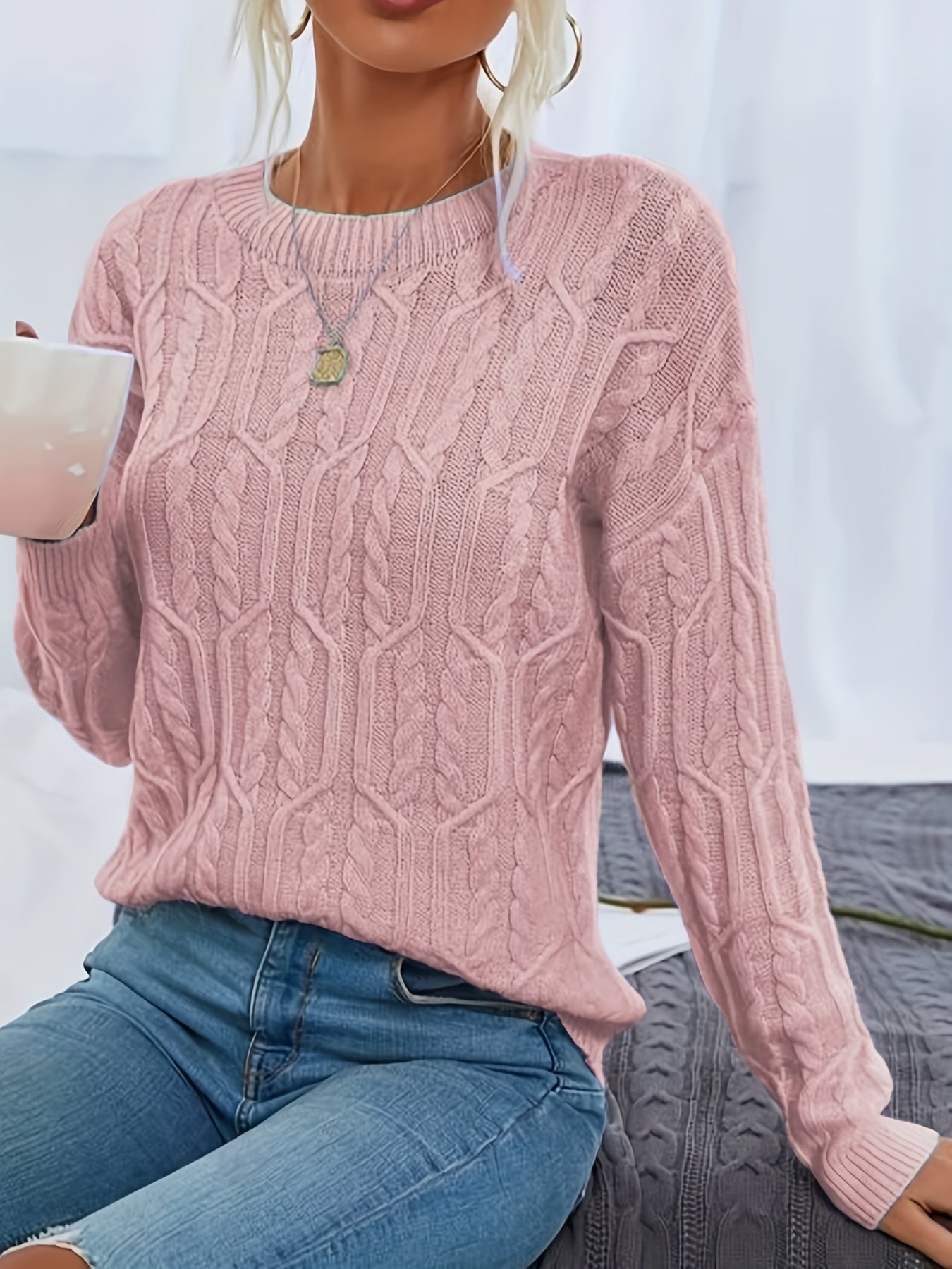 Solid Cable Knit Slouchy Sweater, Elegant Long Sleeve Crew Neck Drop Shoulder Knitted Pullover, Women's Clothing MyFave Boutique