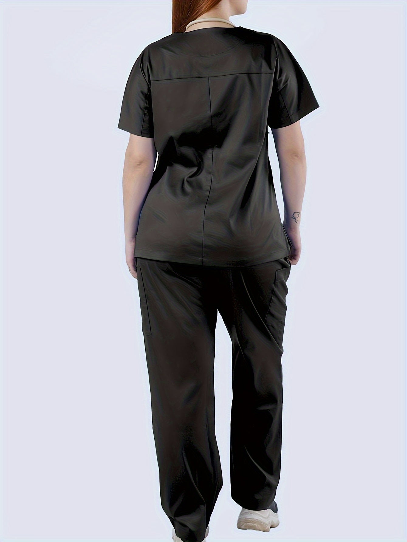 Stretch Women Two-piece Set, V Neck Classic Scrub Top & Straight Leg Pants, Women's Clothings MyFave Boutique