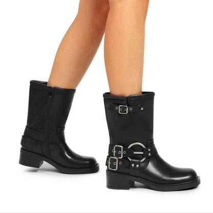 Mid Calf Biker Boots for Women: Square Toe, Buckles, Low Chunky Heel MyFave Boutique