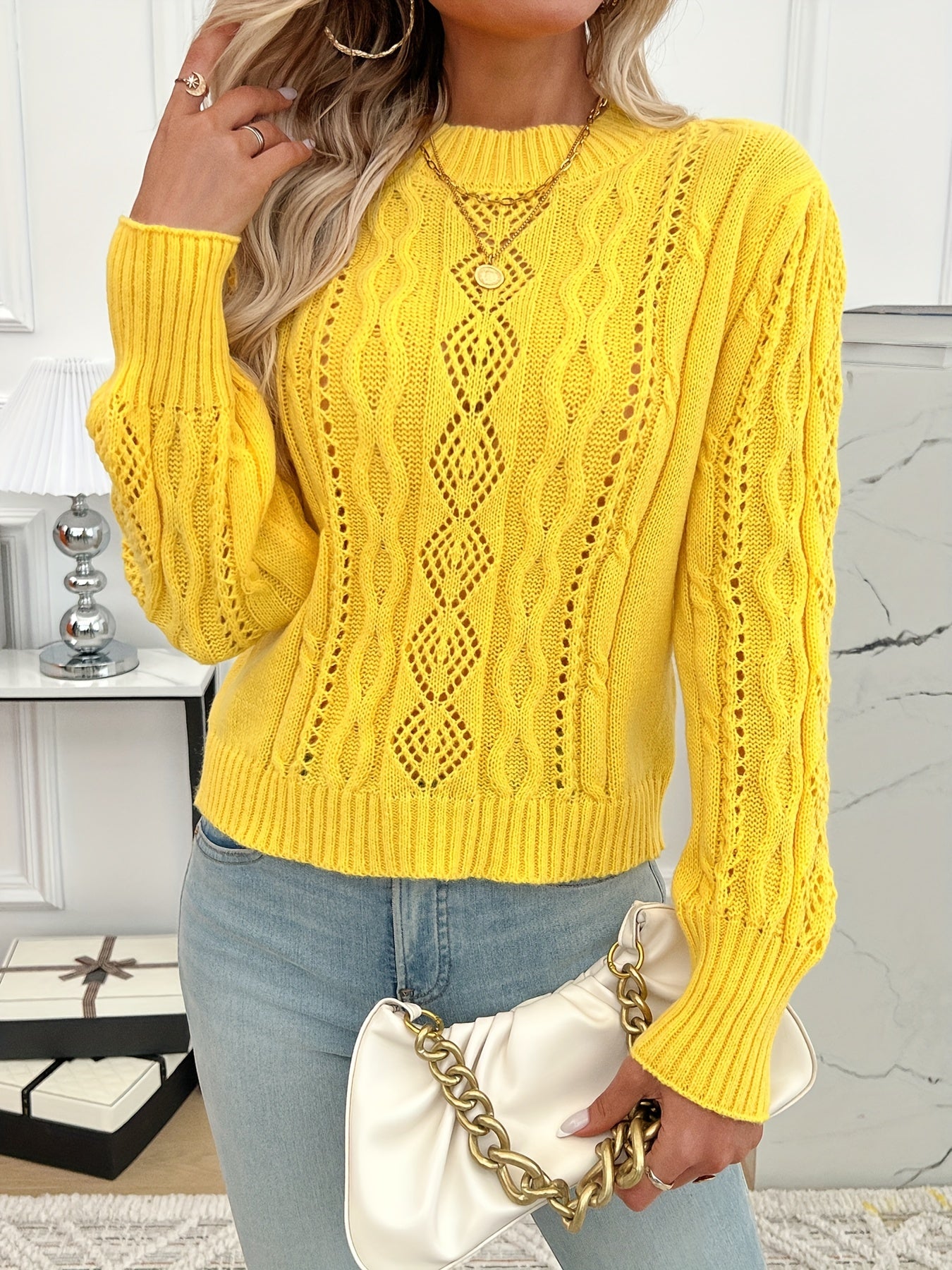 Cable Knit Crew Neck Sweater, Casual Solid Hollow Long Sleeve Pullover Sweater For Fall & Winter, Women's Clothing MyFave Boutique