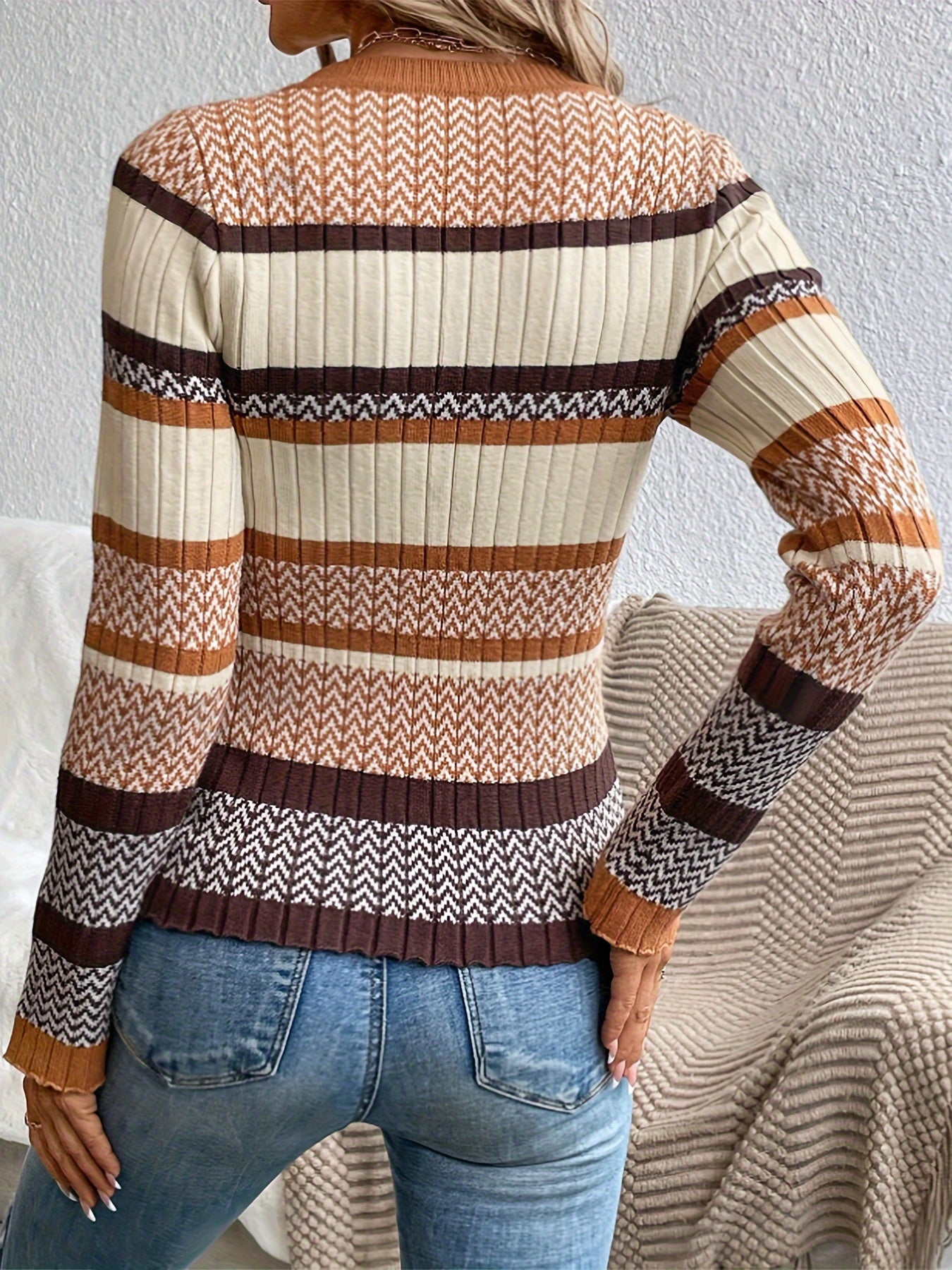 Striped Crew Neck Knitted Sweater, Elegant Long Sleeve Slim Pullover Sweater For Fall & Winter, Women's Clothing MyFave Boutique