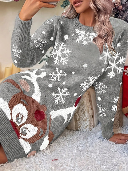 Cozy Women's Elegant Christmas Reindeer Knit Sweater Dress - Crew Neck, Mid-Length, Acrylic Fiber for Fall/Winter MyFave Boutique