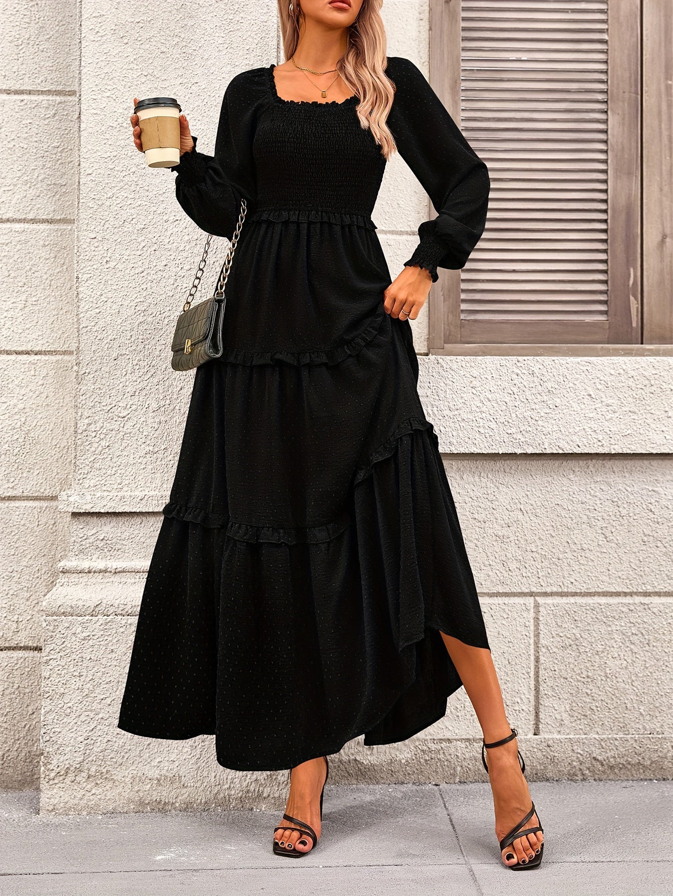 Women's Long Sleeve Smocked Maxi Dress Casual Square Neck Swiss Dot Tiered Ruffle Flowy Pocket Dresses MyFave Boutique