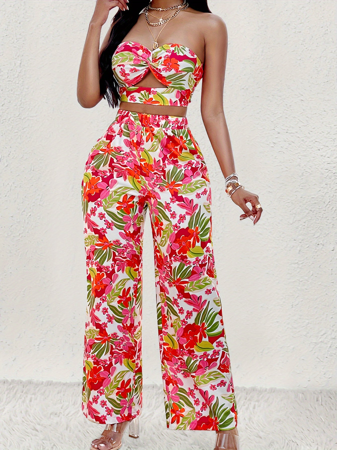 Floral Print Vacation Casual Pants Set, Cut Out Crop Tube Top & Elastic Waist Pants Outfits, Women's Clothing MyFave Boutique