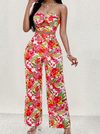 Floral Print Vacation Crop Top & Pants Set, Women's Casual Outfits with Elastic Waistband MyFave Boutique