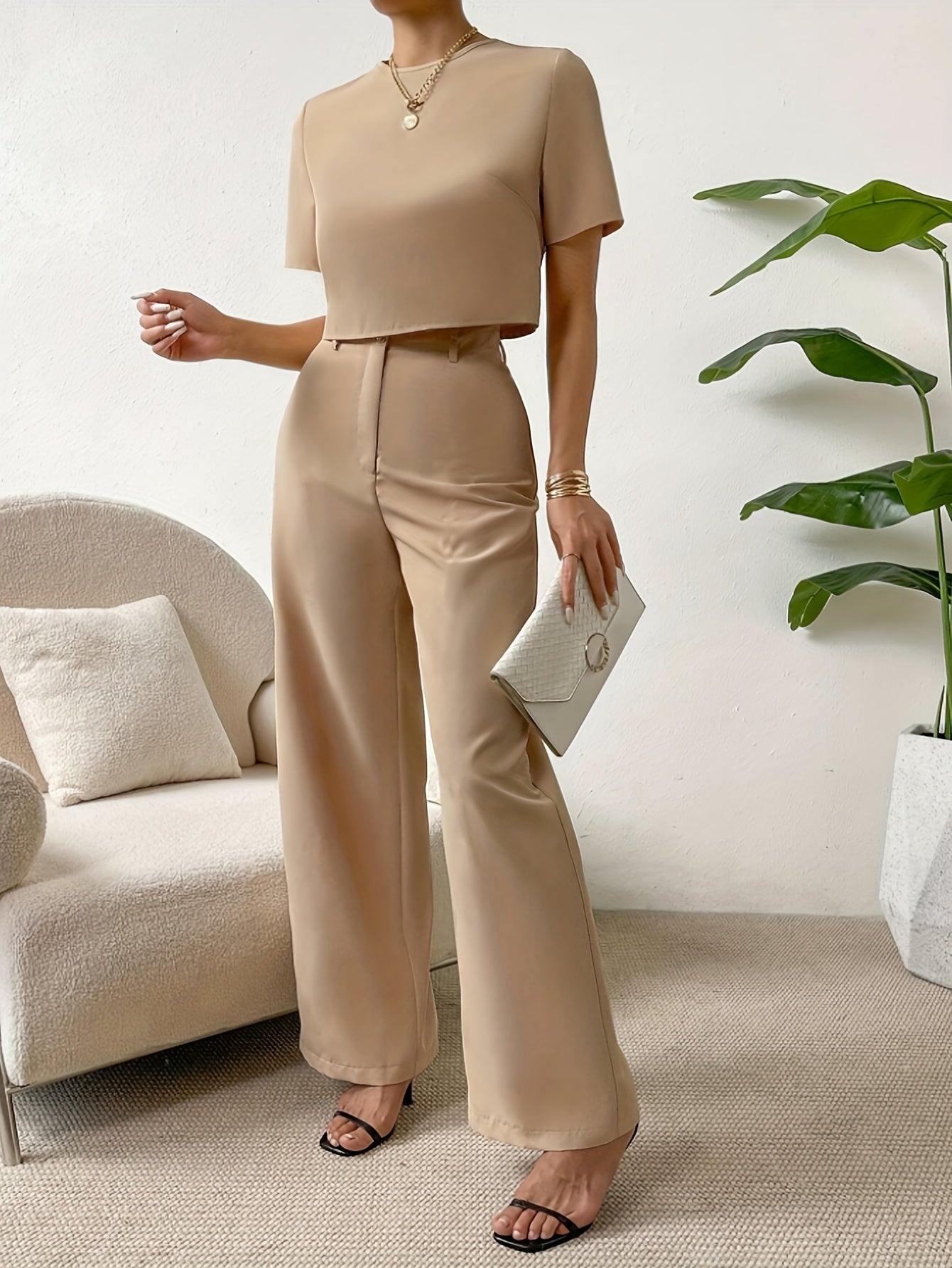 Elegant Simple Pants Set, Crew Neck Short Sleeve Crop T-shirt & Straight Leg High Waist Pants, Women's Clothing MyFave Boutique