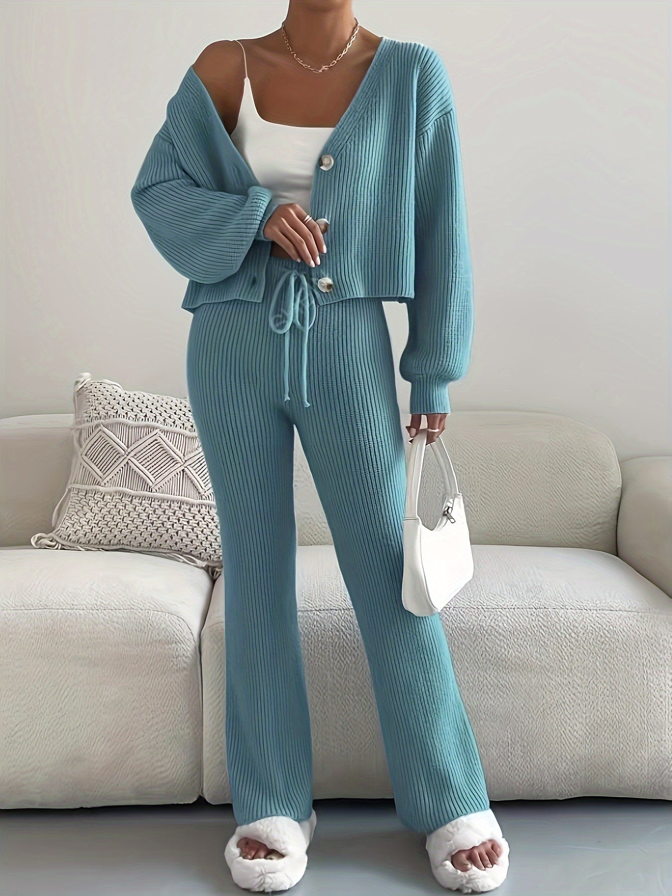 Solid Color Casual Pantsuits, Long Sleeve Drop Shoulder V Neck Button Front Cardigan & Drawstring High Waist Pants Outfits, Women's Clothing MyFave Boutique