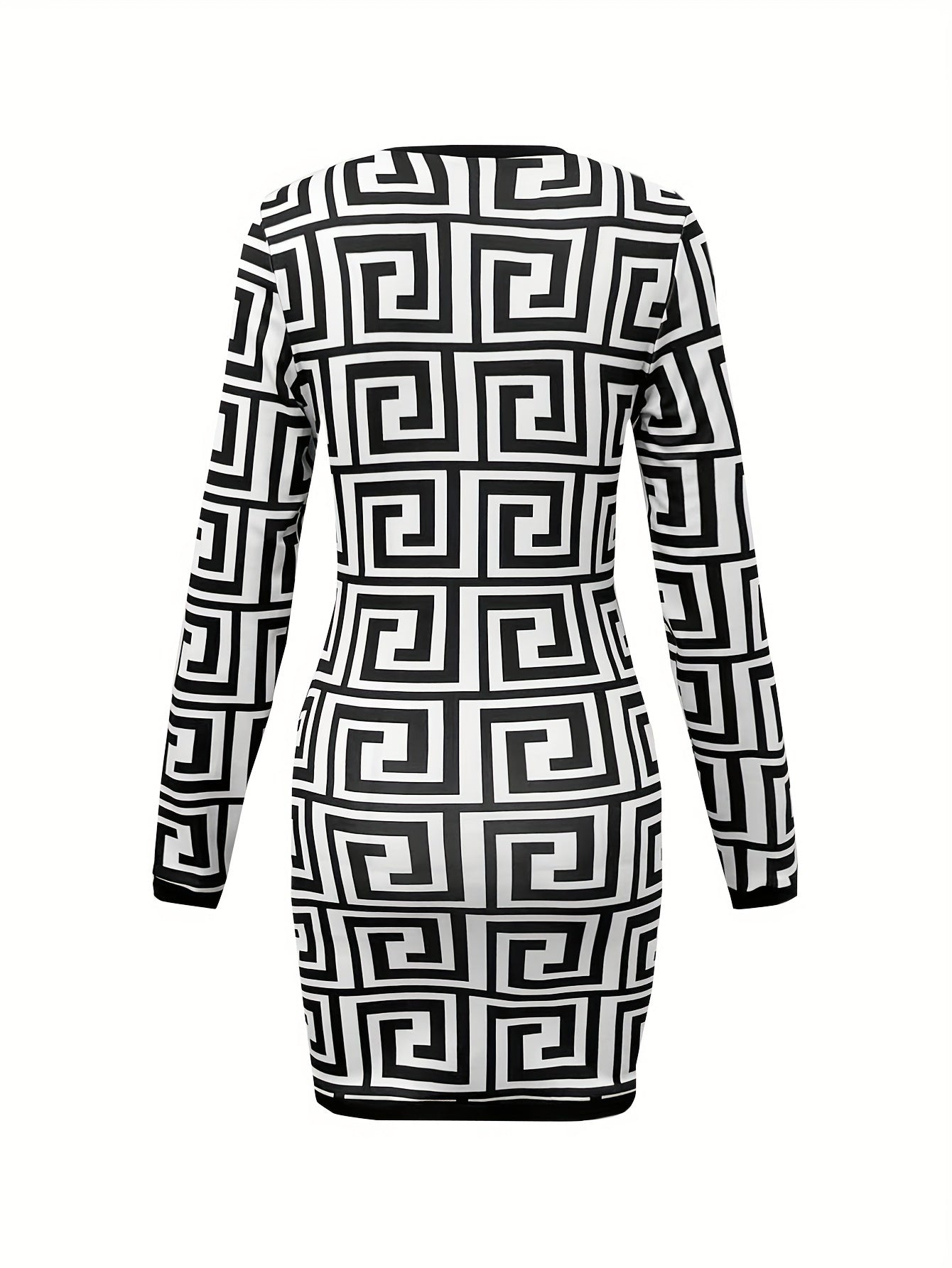 All Over Print Crew Neck Dress, Casual Long Sleeve Bodycon Dress, Women's Clothing MyFave Boutique