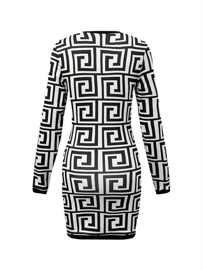 All Over Print Crew Neck Dress, Casual Long Sleeve Bodycon Dress, Women's Clothing MyFave Boutique