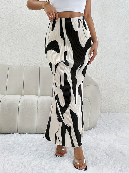 Abstract Print Ribbed Skirts, Casual Elastic Waist Midi Skirts, Women's Clothing MyFave Boutique