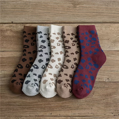 5 Pairs Leopard Print Terry Socks, Stylish Thick Warm Mid Tube Socks For Fall & Winter, Women's Stockings & Hosiery MyFave Boutique