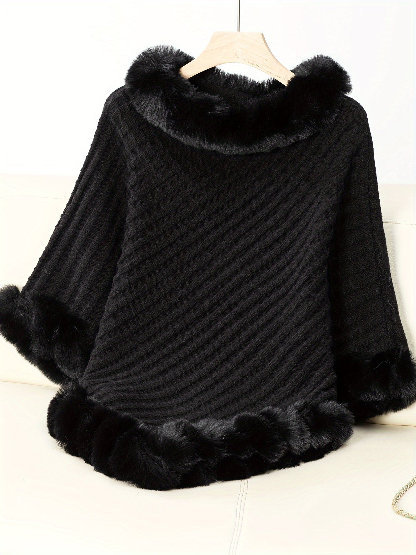 Faux Fur Trim Pullover Sweater, Casual Batwing Sleeve Irregular Hem Warm Sweater For Fall & Winter, Women's Clothing MyFave Boutique