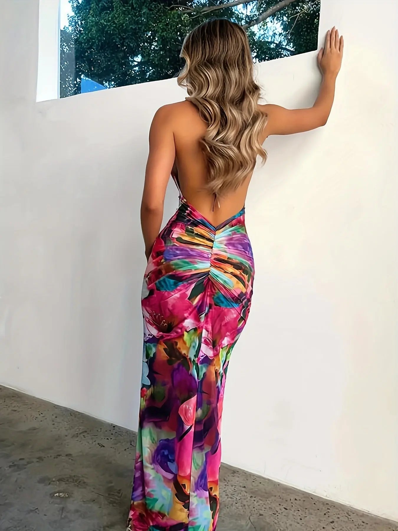 Floral Print Backless Bag Hip Dress, Elegant Ruched Cowl Neck Sleeveless Maxi Dress For Spring & Summer, Women's Clothing MyFave Boutique