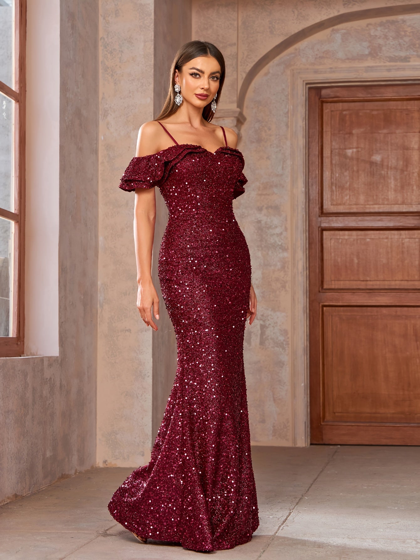 Sparkling Sequin Off Shoulder Spaghetti Strap Dress, Elegant Slim Fit Mermaid Hem Evening Dress For Party & Banquet, Women's Clothing MyFave Boutique