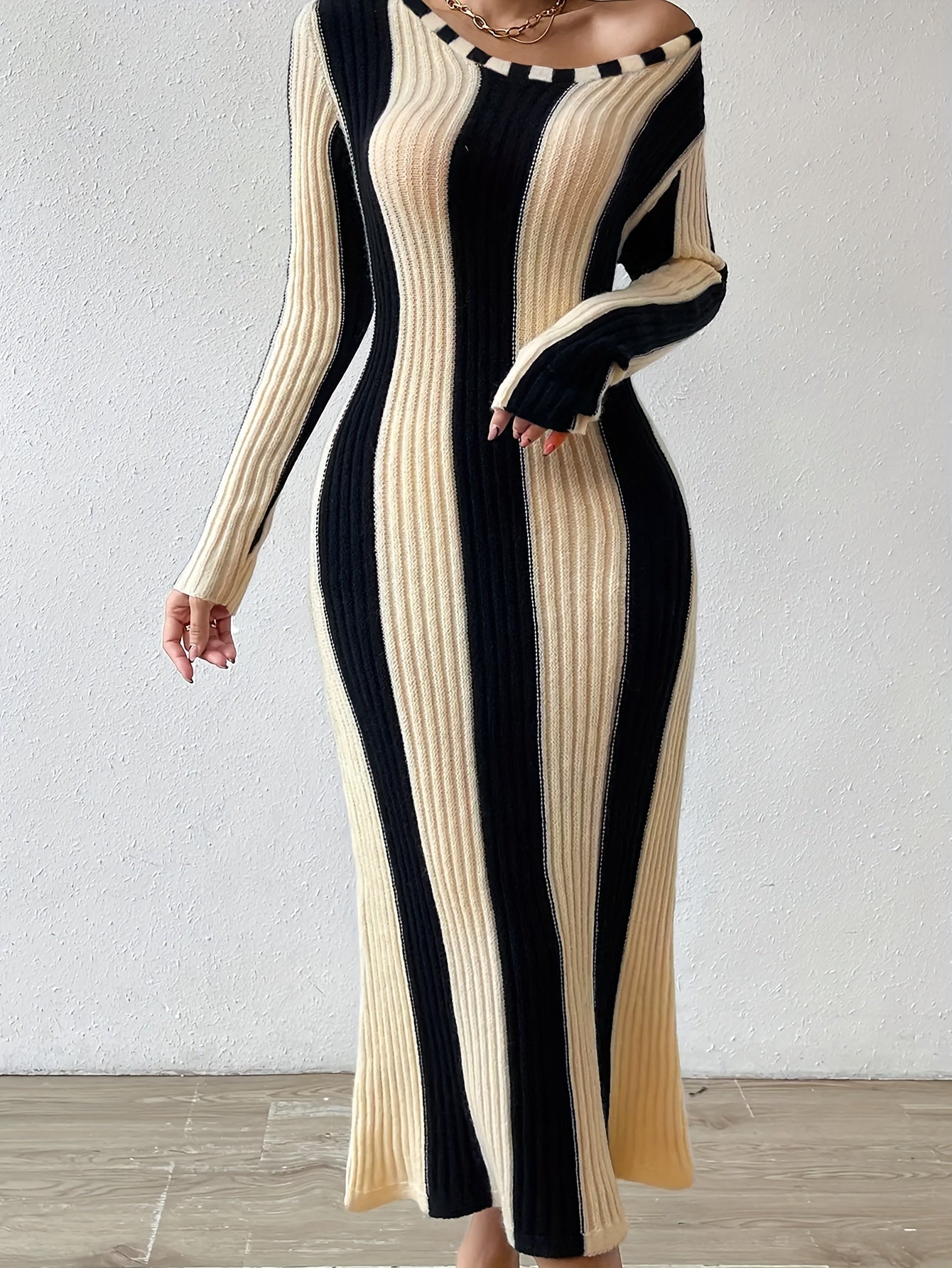 Women's Stripe Color Block Bodycon Dress with Long Sleeves - Flattering Fit and Comfortable Fabric MyFave Boutique