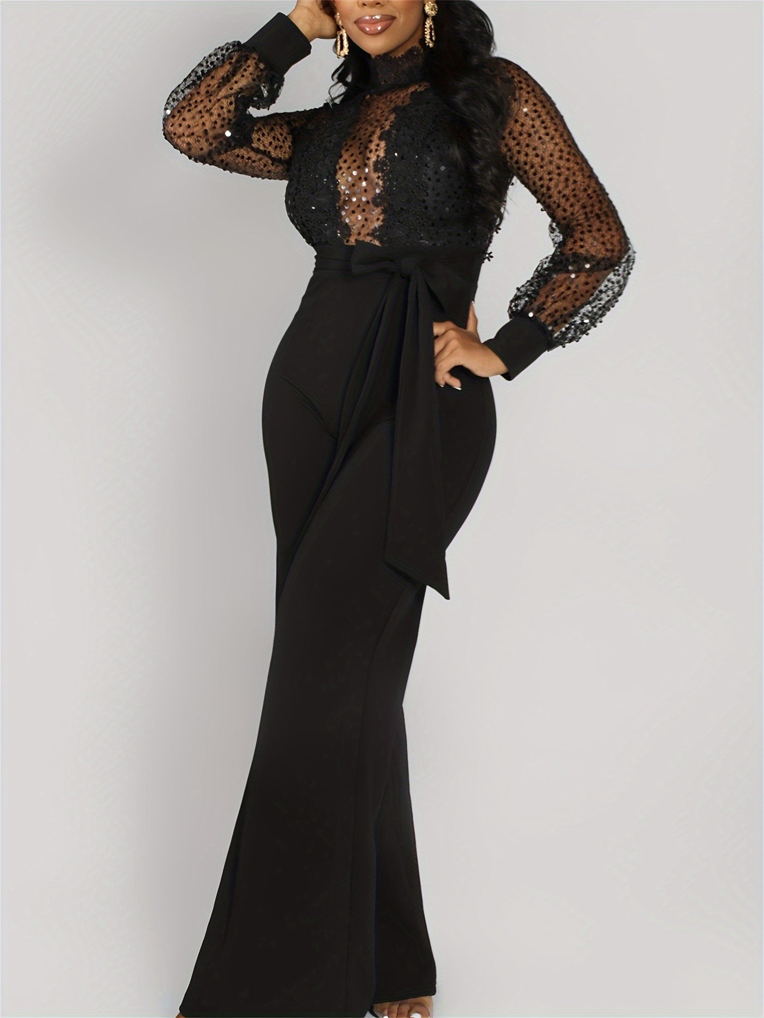 Black Long Sleeve Sequin Embroidered Mesh Sexy Formal Wide Leg Pants Jumpsuit MyFave Boutique