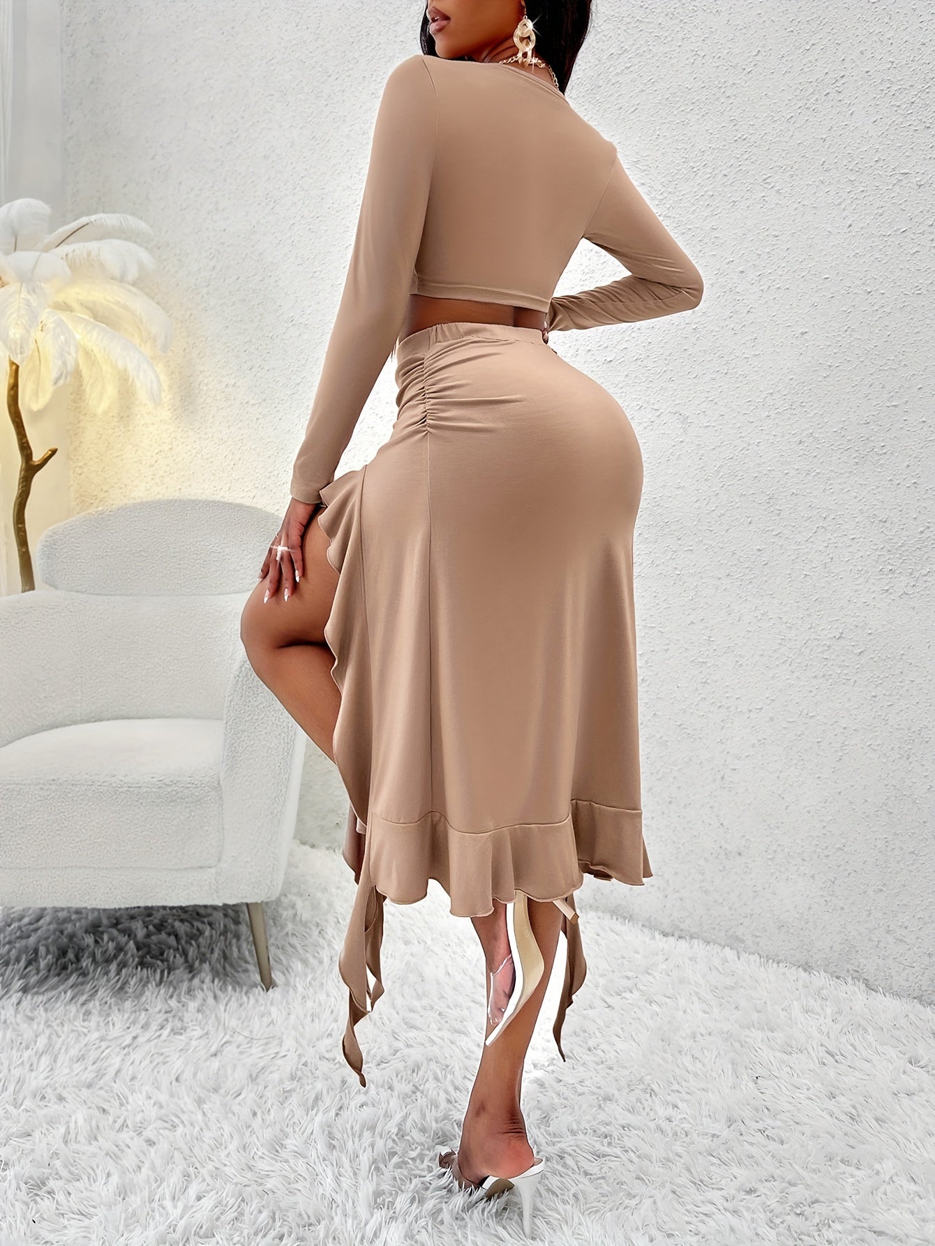 Sexy Solid Slim Two-piece Skirt Set, Long Sleeve Crop Top & Asymmetrical Ruffle Hem Skirt Outfits, Women's Clothing MyFave Boutique