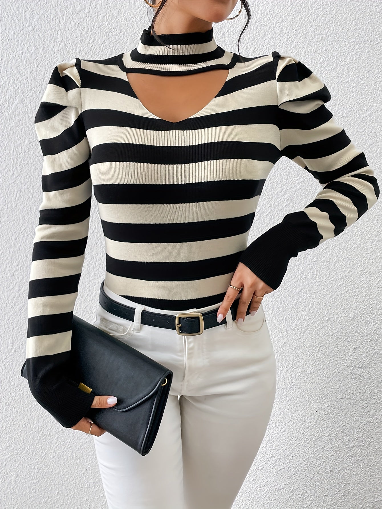 Striped Print Shoulder Pads Top, Elegant Cut Out Long Sleeve Sweater For Spring & Fall, Women's Clothing MyFave Boutique