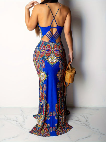 Womens Spaghetti Strap Leaf Printed Maxi Dress Bandage Bodycon Beach Holiday Long Dress MyFave Boutique