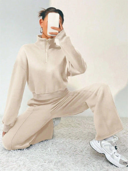 Solid Color Casual Pantsuits, Quarter Zip Drop Shoulder Long Sleeve Sweatshirt & Elastic High Waist Pants Outfits, Women's Clothing MyFave Boutique