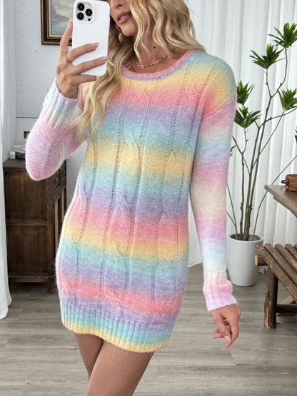 Rainbow Color Crew Neck Knitted Dress, Casual Long Sleeve Dress For Fall & Winter, Women's Clothing MyFave Boutique