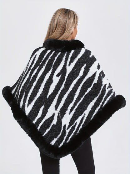 Zebra Stripe Pattern Fuzzy Trim Poncho, Elegant Thermal Hanky Hem Crew Neck Cape For Fall & Winter, Women's Clothing MyFave Boutique